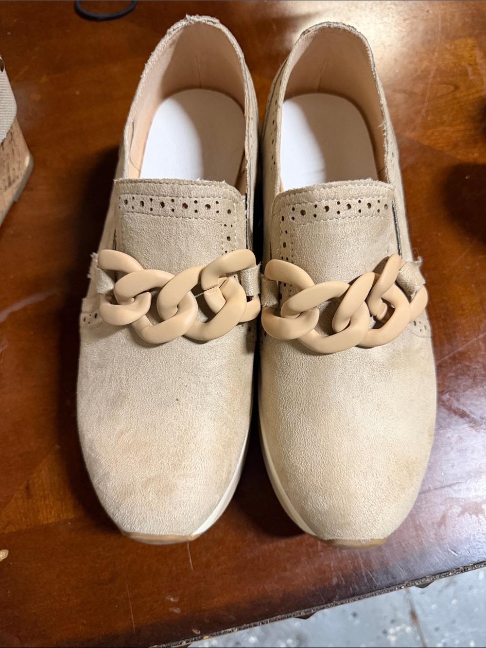 Beige Suede Chain Slip-On Loafers